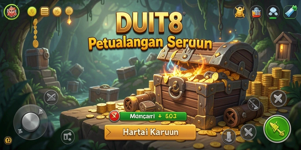 Tampilan gameplay DUIT8 yang menampilkan petualangan seru dan penemuan harta karun.