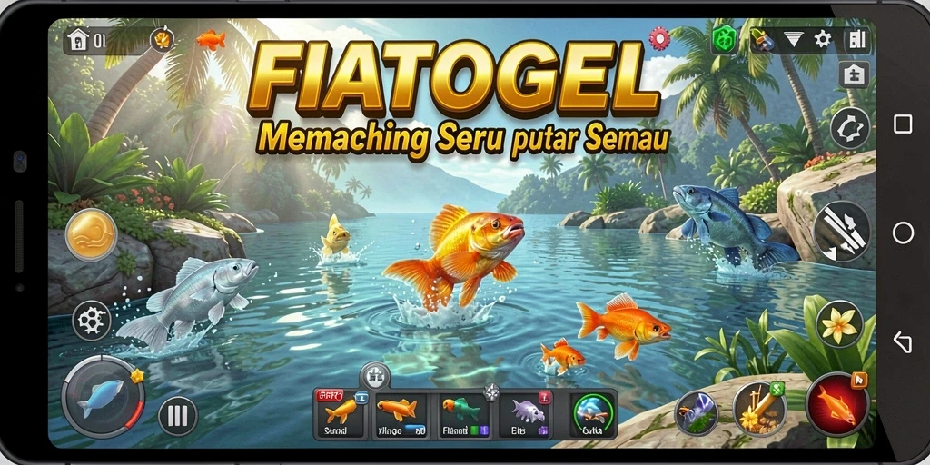 Gameplay FIATOGEL yang penuh aksi dengan berbagai ikan dan alat pancing.