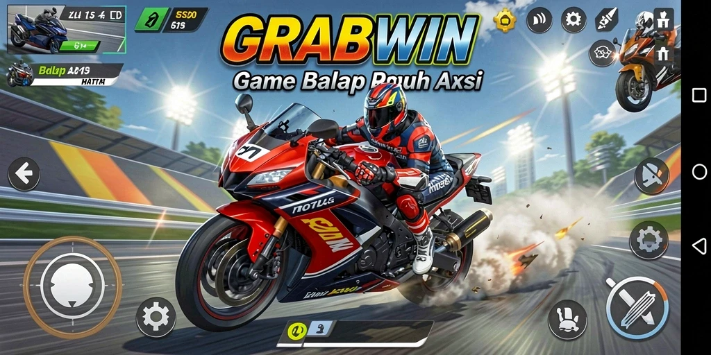 Screenshot gameplay GRABWIN yang menunjukkan aksi balap motor yang mendebarkan.
