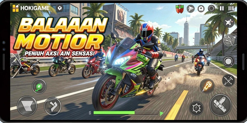 Tangkapan layar HOKIGAME menampilkan balapan motor yang mendebarkan dan grafis menawan.