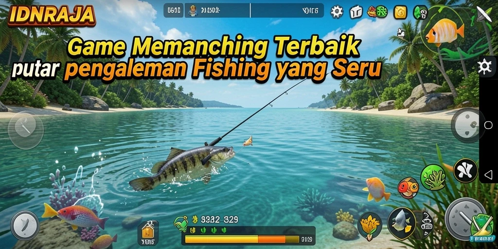 Screenshot gameplay IDNRAJA menunjukkan aksi memancing yang seru dan mendebarkan.