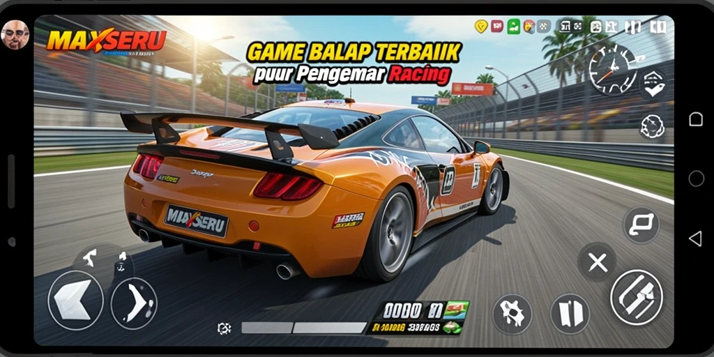 Tangkapan layar gameplay MAXSERU menunjukkan aksi balap seru dan mobil yang beragam.