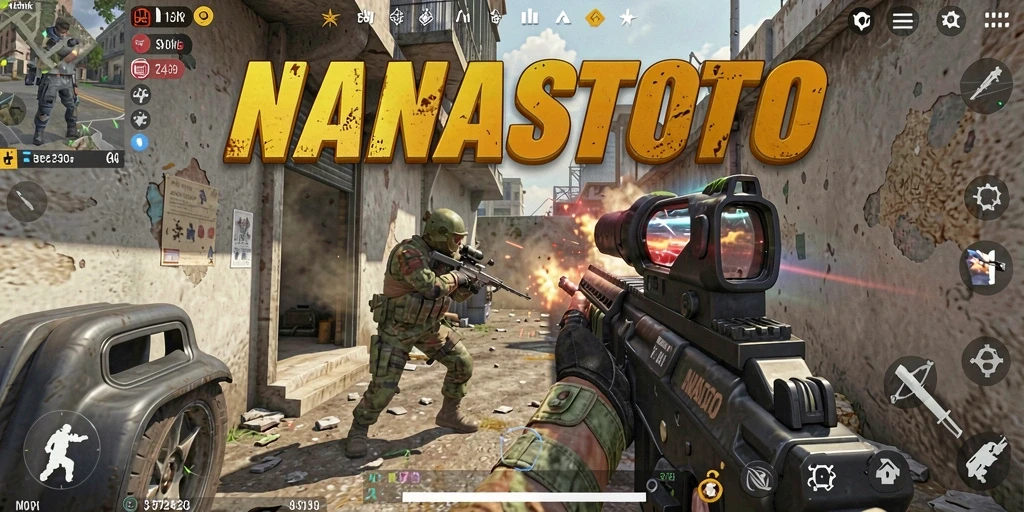 Screenshot gameplay NANASTOTO menampilkan aksi tembak-menembak yang seru.