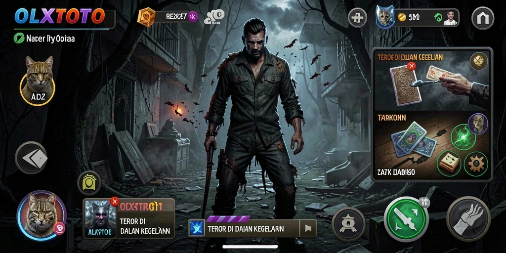Screenshot utama OLXTOTO menampilkan aksi menegangkan di dalam kegelapan.