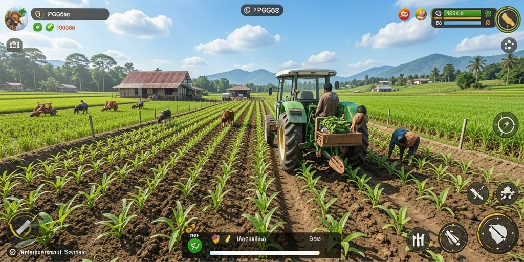 Tampilan gameplay PGG68 dengan aktivitas bertani yang menyenangkan.