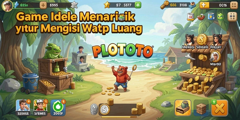 Tampilan gameplay POLOTOTO menampilkan interaksi karakter dan pengelolaan sumber daya.