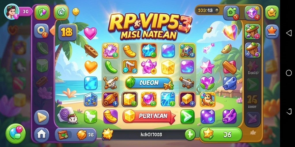 Screenshot RPVIP5 menampilkan elemen permainan Match-3 yang berwarna-warni dan menarik.