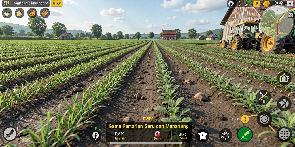 Screenshot utama gameplay RVIP2 menampilkan aktivitas bertani dengan berbagai tanaman.