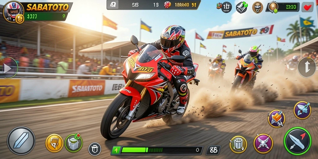 Tampilan gameplay SABATOTO dengan motor balap di jalanan.