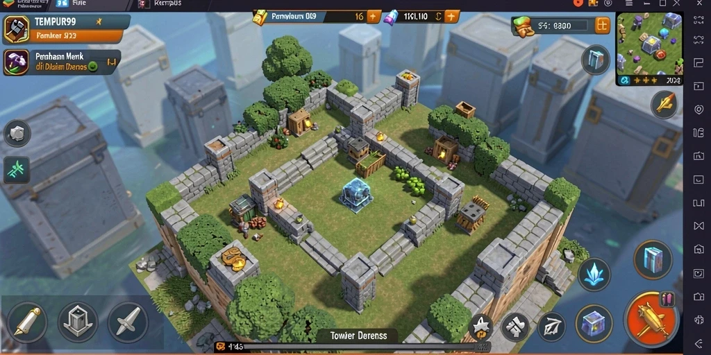 Tampilan dinamis menara dan musuh dalam permainan Tower Defense.