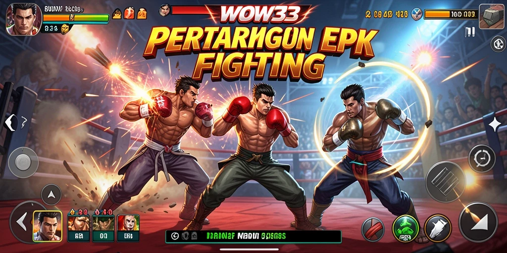 Screenshot gameplay WOW33 menampilkan pertarungan intens antara karakter di arena bertarung.
